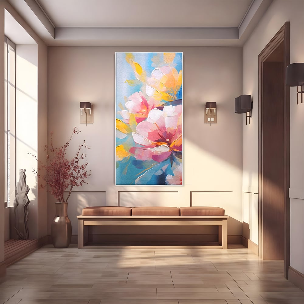 Tablou canvas cu tablou canvas cu flori roz, in rama de aluminiu argintiu